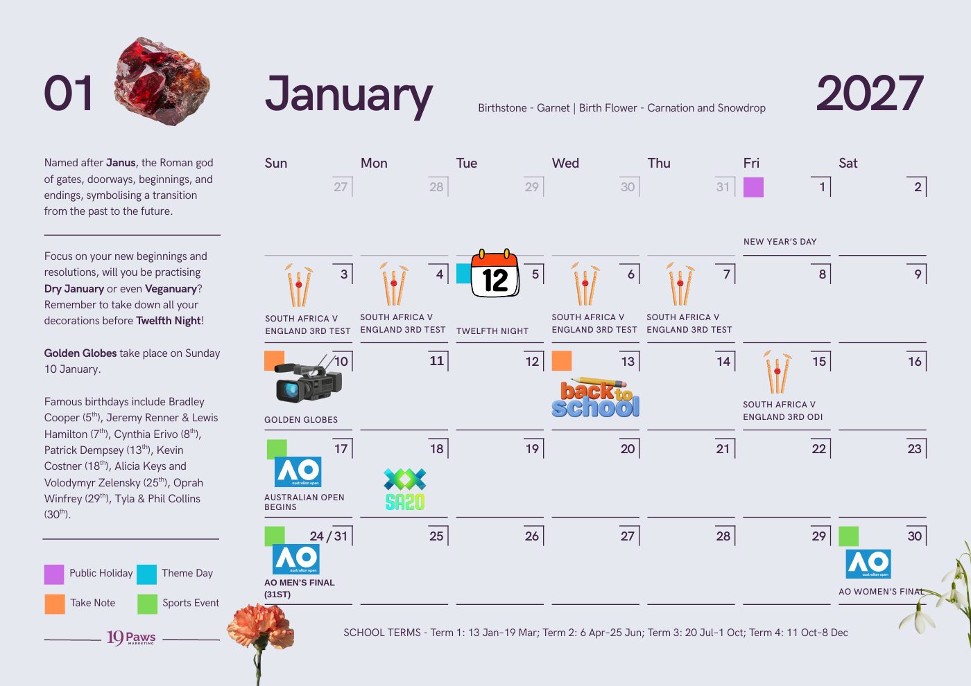 January page of the 19 Paws Marketing 2027 calendar, showing colour-coded holidays, theme days and events