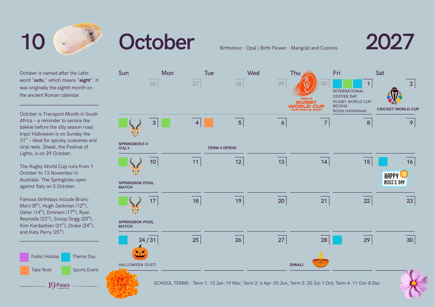 October page of the 2027 calendar with the Rugby World Cup, Cricket World Cup and Springbok matches marked
