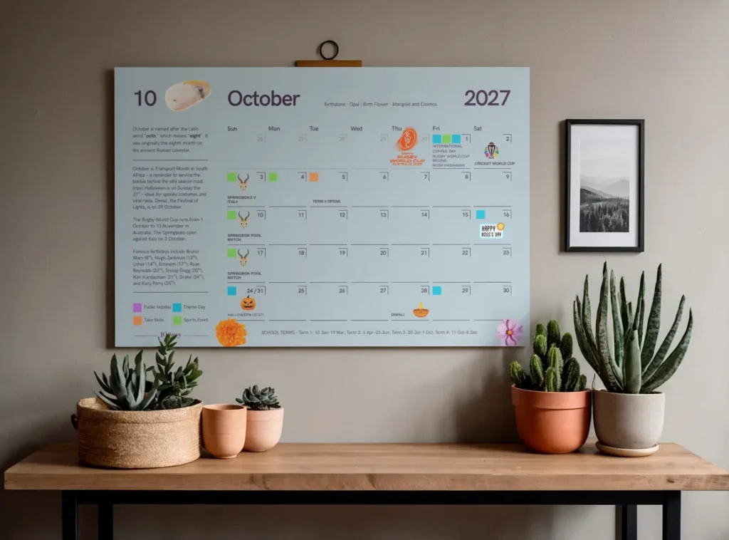 19 Paws Marketing 2027 calendar, October page, hanging on a wall